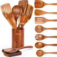 Best Wooden Kitchen Utensil Set – 8pcs Cooking Utensils with Holder & Spoon Rest
