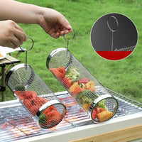 Stainless Steel BBQ Rolling Grill Basket – Portable & Durable for Outdoor Cooking