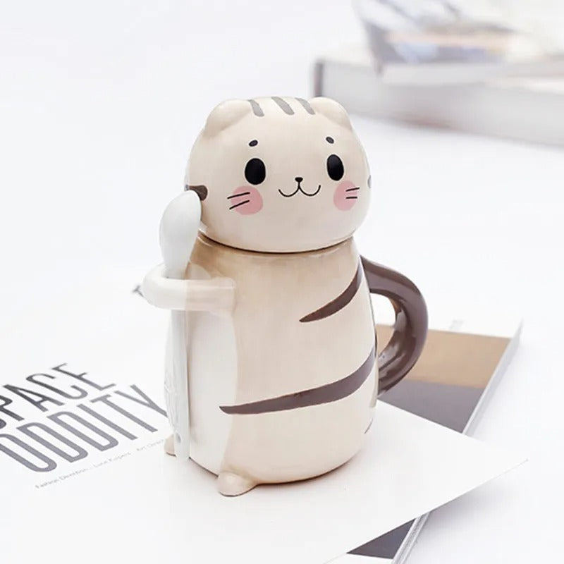 New Cute Cat Ceramics Coffee Mug With Lid & Spoon