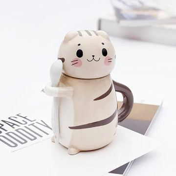 New Cute Cat Ceramics Coffee Mug With Lid & Spoon