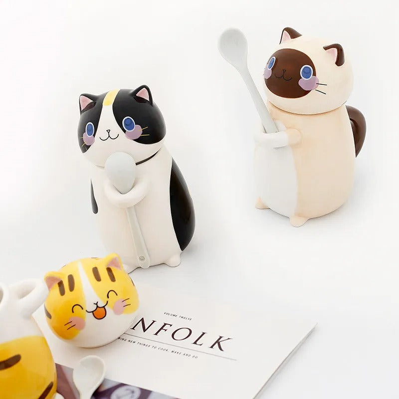 New Cute Cat Ceramics Coffee Mug With Lid & Spoon