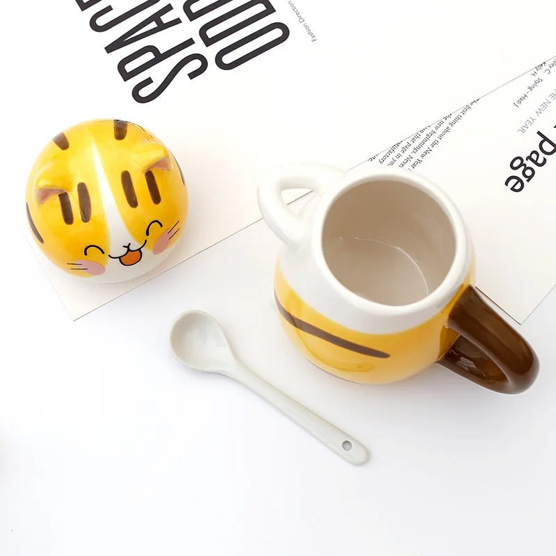 New Cute Cat Ceramics Coffee Mug With Lid & Spoon