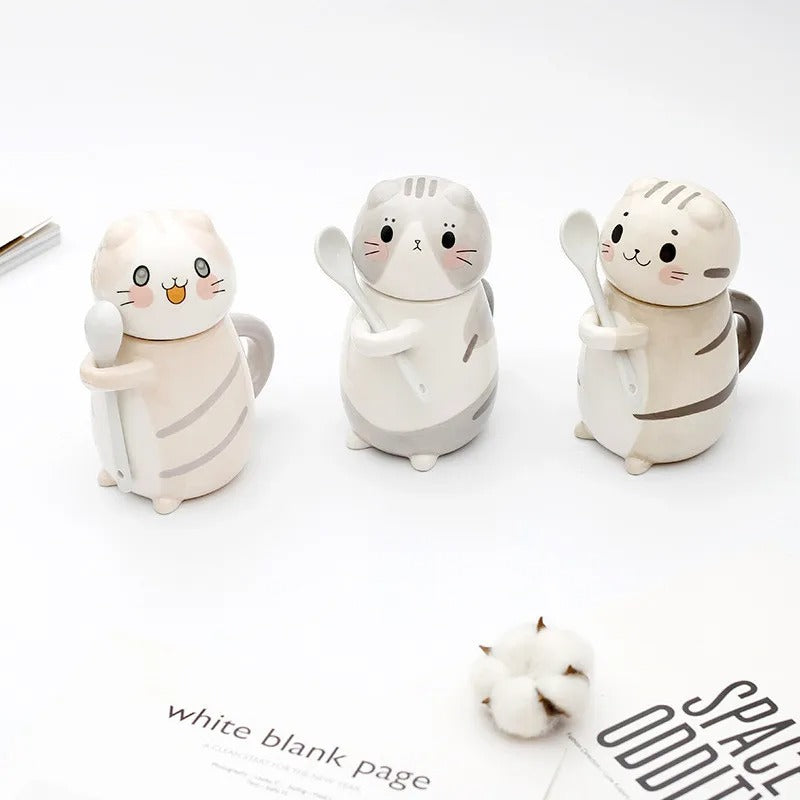New Cute Cat Ceramics Coffee Mug With Lid & Spoon